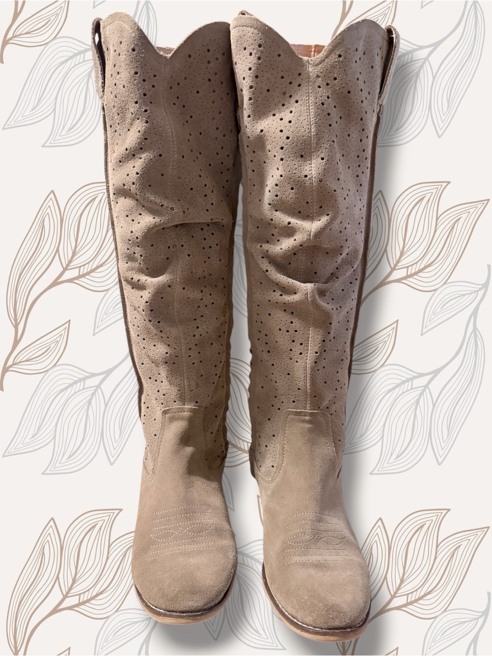 🌸Dingo Adrina Taupe Perforated Suede Knee-High Boots